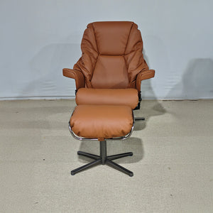 Beacon Meridian lounge chair with ottoman in caramel leather, showcasing a stylish and comfortable seating set.
