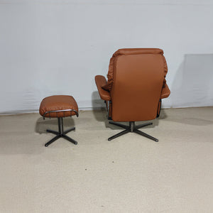 Beacon Meridian lounge chair with matching caramel leather ottoman, stylish and comfortable seating for modern living spaces.