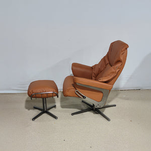 BEACON Meridian lounge chair with matching ottoman in caramel leather, stylish and comfortable for modern living spaces.