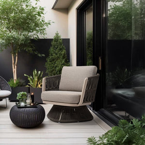 Beige Marrakech swivel lounge armchair with seat and back cushions, modern design, perfect for living room or lounge space.