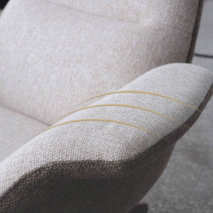 Venezia Swivel Lounge Chair by BEACON, modern lounge chair with cushioned seat and backrest, chrome swivel base, beige fabric upholstery.