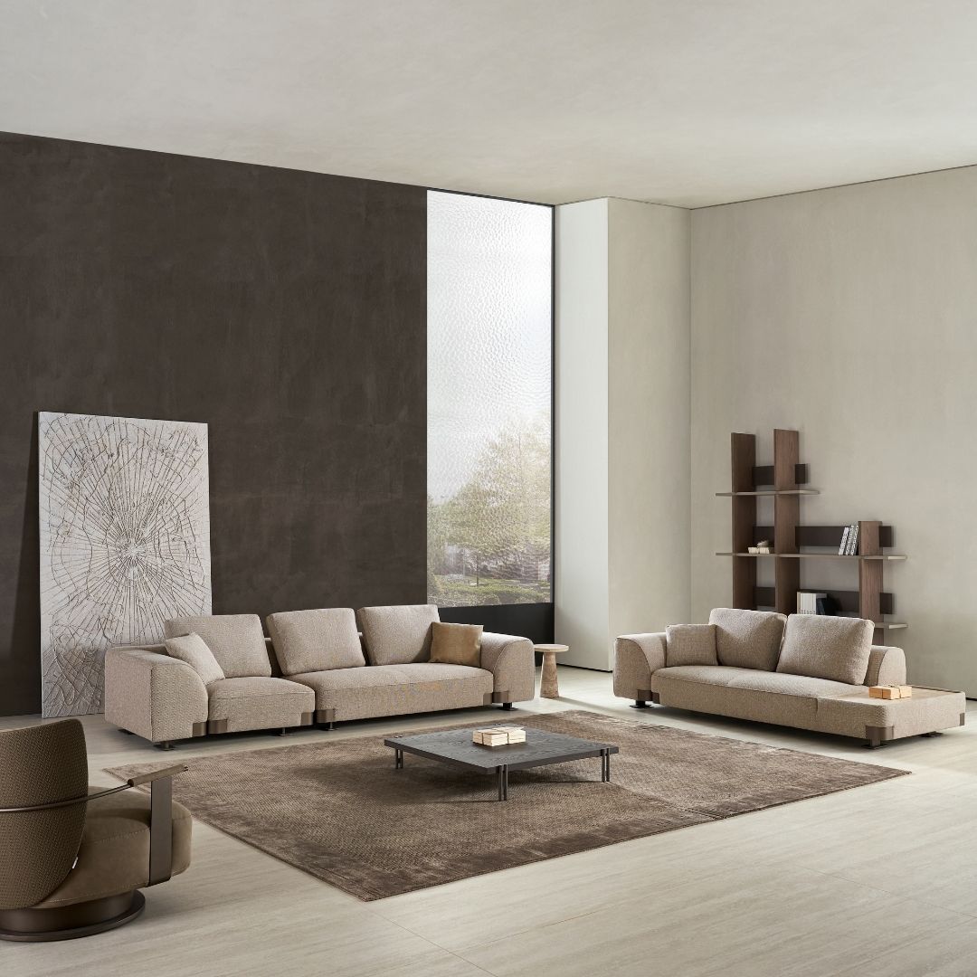 Modern BEACON Sway Lounge Chair AMBO-DY80281 with plush fabric upholstery and sleek armrest design, shown in a stylish living room setting.