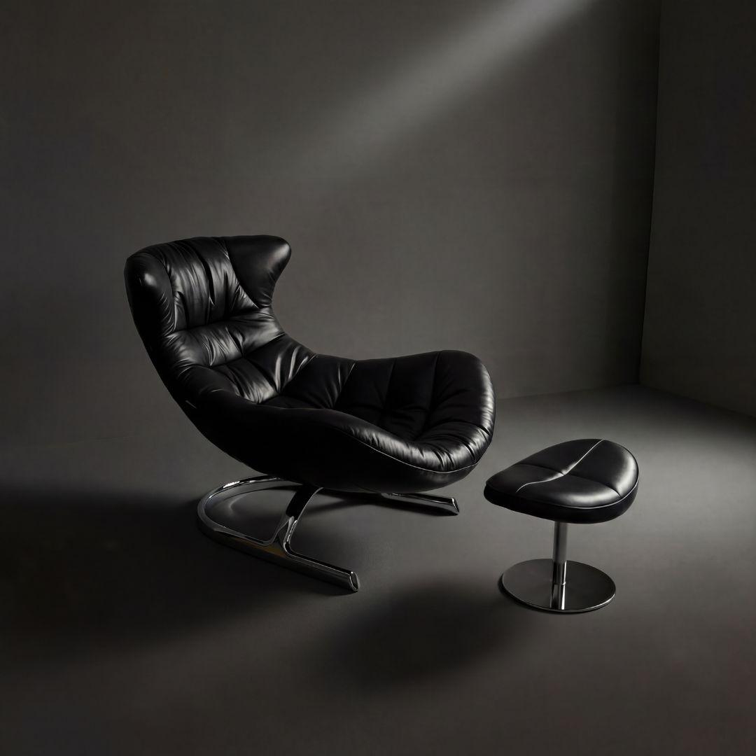 Vexel black lounge chair with matching ottoman by BEACON, modern design and comfortable seating in a stylish living space.