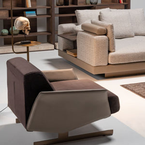 HOMAGE KOLTUK Edessa armchair with beige fabric upholstery and wooden legs, modern design for living room decor.