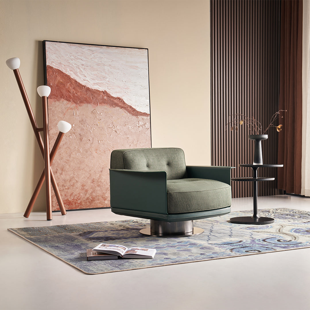 Green Avenor armchair by BEACON with plush fabric and modern design, showcasing a comfortable, stylish seating option.