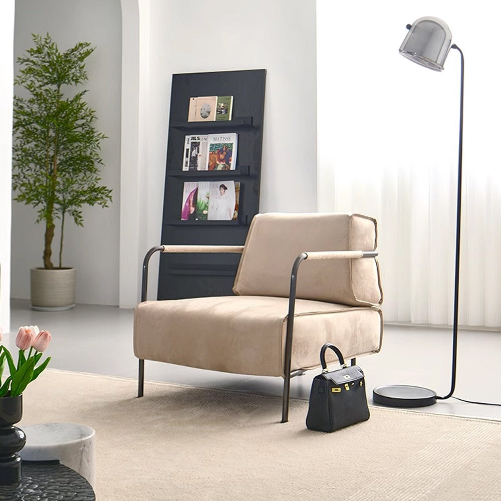 BEACON Caesar lounge chair with black iron rack, modern design, comfortable seating, and sleek black metal frame.