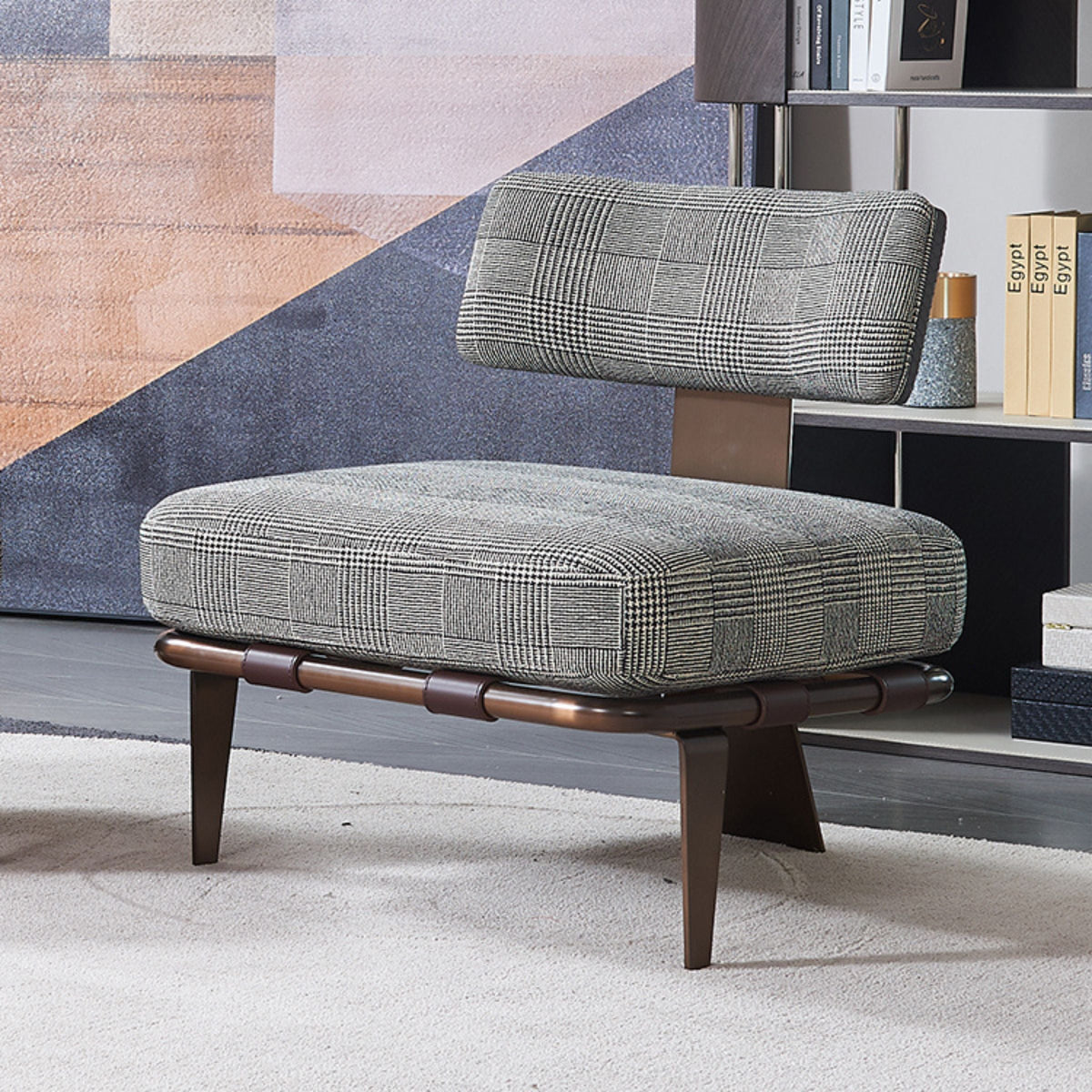 BEACON Capri Lounge Chair in brown fabric with wooden legs, modern design, comfortable seating for living room or patio.