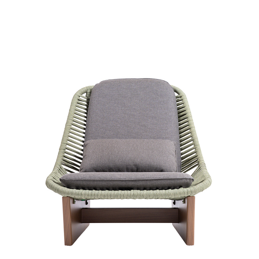 BEACON Clogs lounge chair with seat and back cushions, modern armchair with plush upholstery and wooden legs.