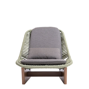 BEACON Clogs lounge chair with seat and back cushions, modern armchair with plush upholstery and wooden legs.