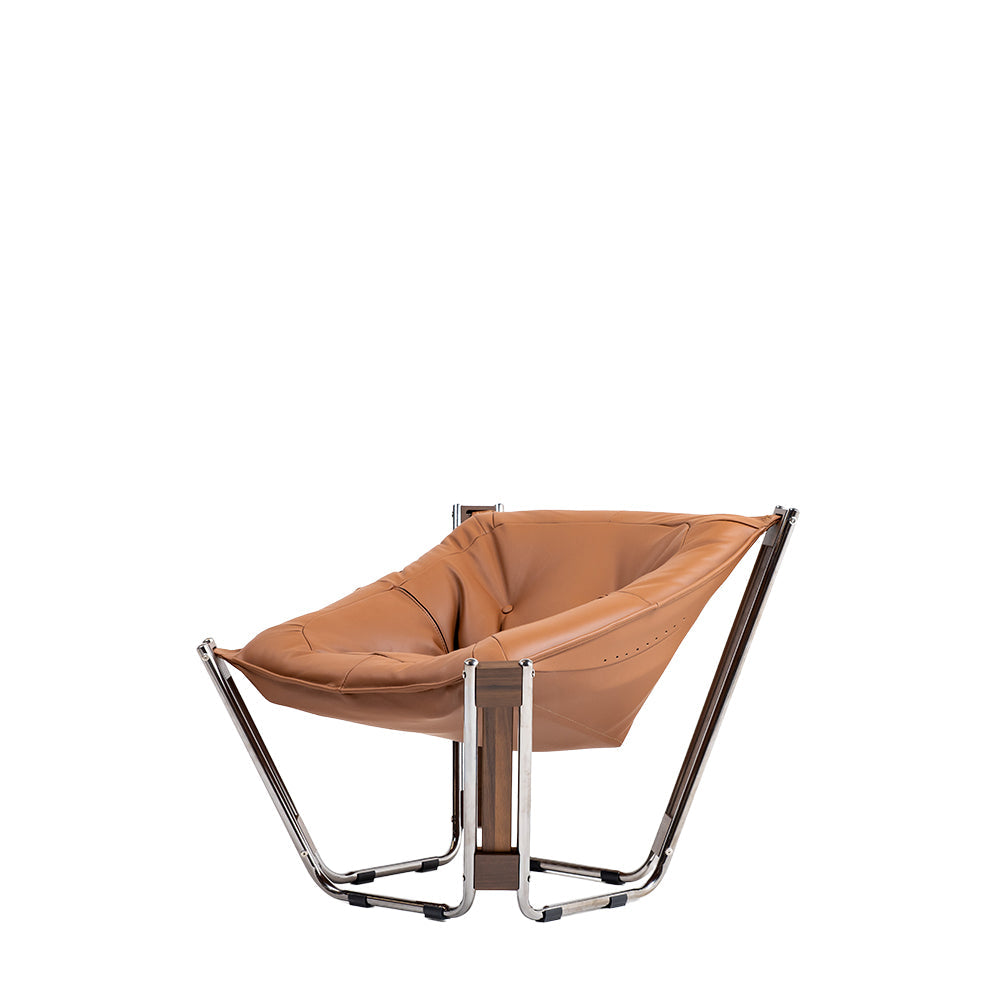 Brown Cocoon Lounge Chair by BEACON, modern curved design with plush upholstery, ideal for relaxing in a stylish living space.