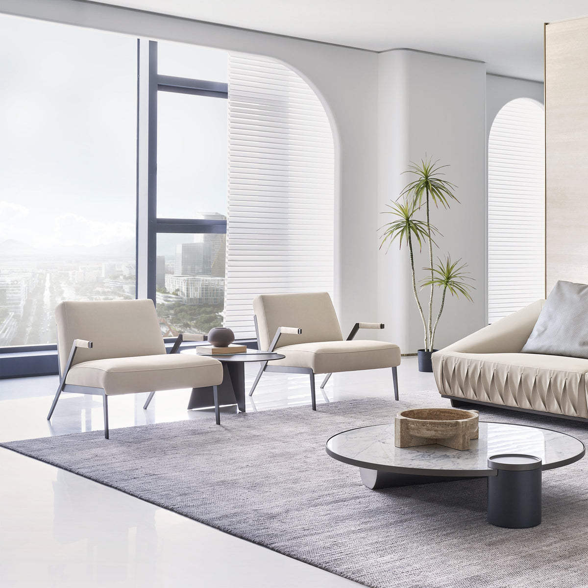 Desert beige leather lounge chair from BEACON, modern design with plush cushioning, ideal for living room relaxation.