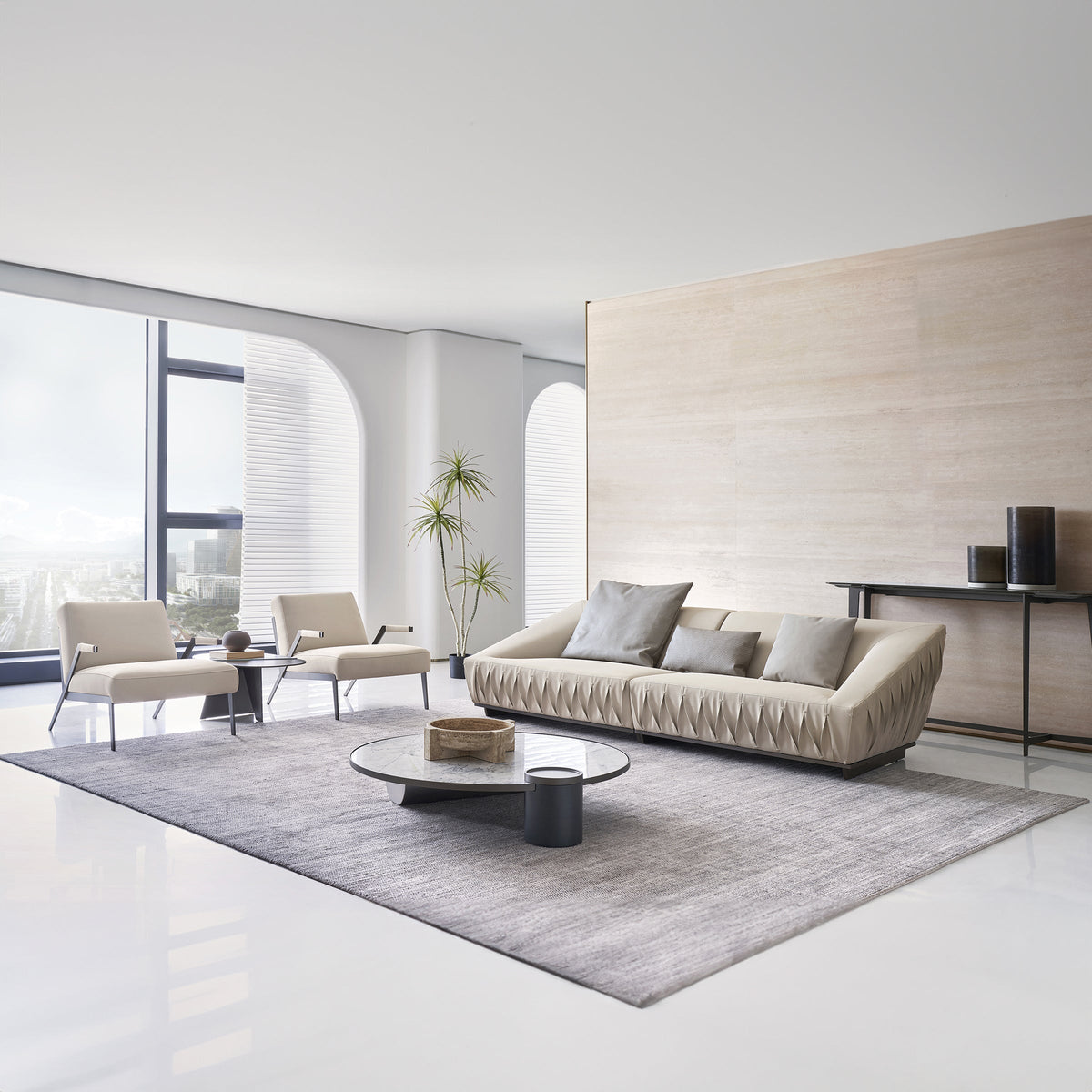 Desert beige leather lounge chair by BEACON, modern design with plush cushions and sleek wooden legs.