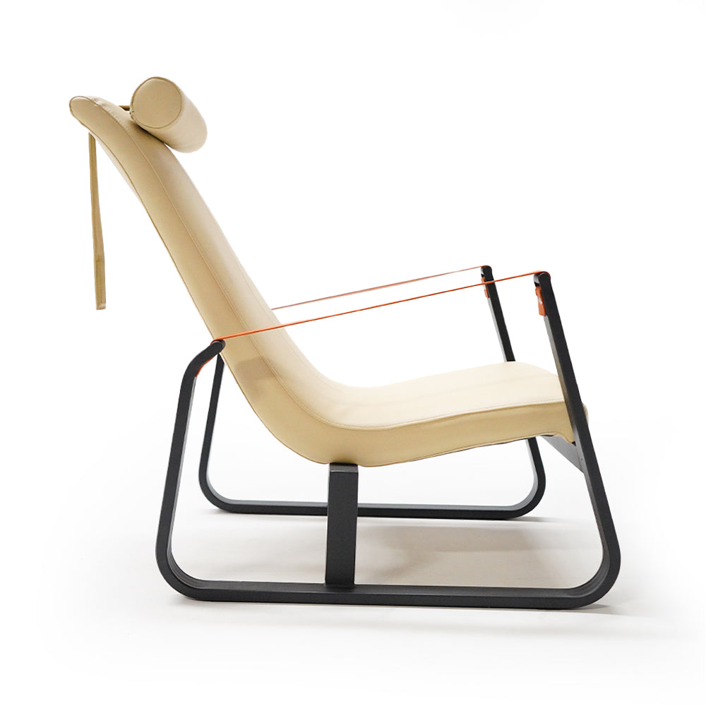 Beige Verona Lounge Chair by BEACON with microfiber leather upholstery, modern design, and cushioned seat.
