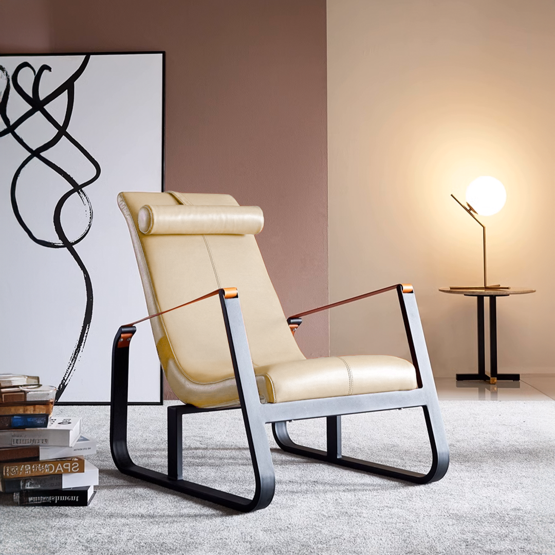 Beige Verona Lounge Chair with microfiber leather upholstery, modern design, and plush cushioning, by BEACON.