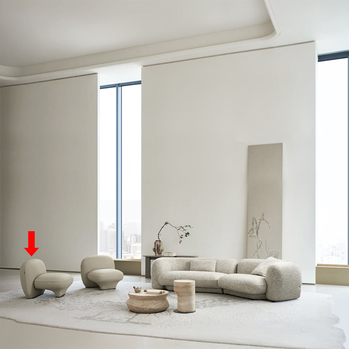 BEACON Euphoria armchair AMCJ-DY6005 with plush upholstery and modern design, shown from a side view in a living room setting.