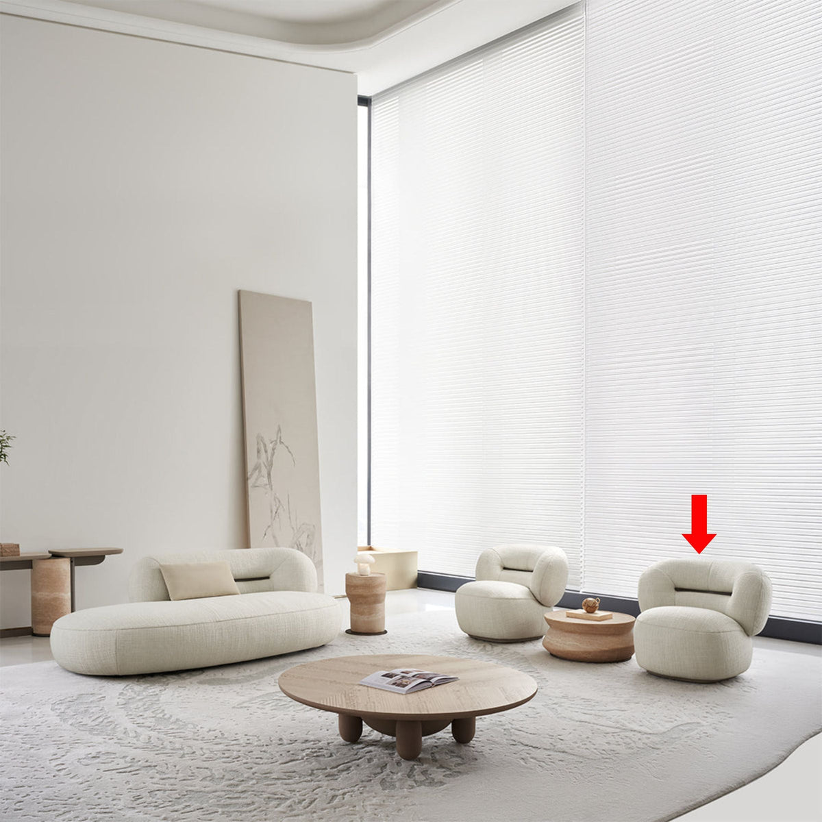 BEACON Ferrara armchair AMCJ-DY6057 with plush fabric upholstery and curved armrests, modern design for living room decor.