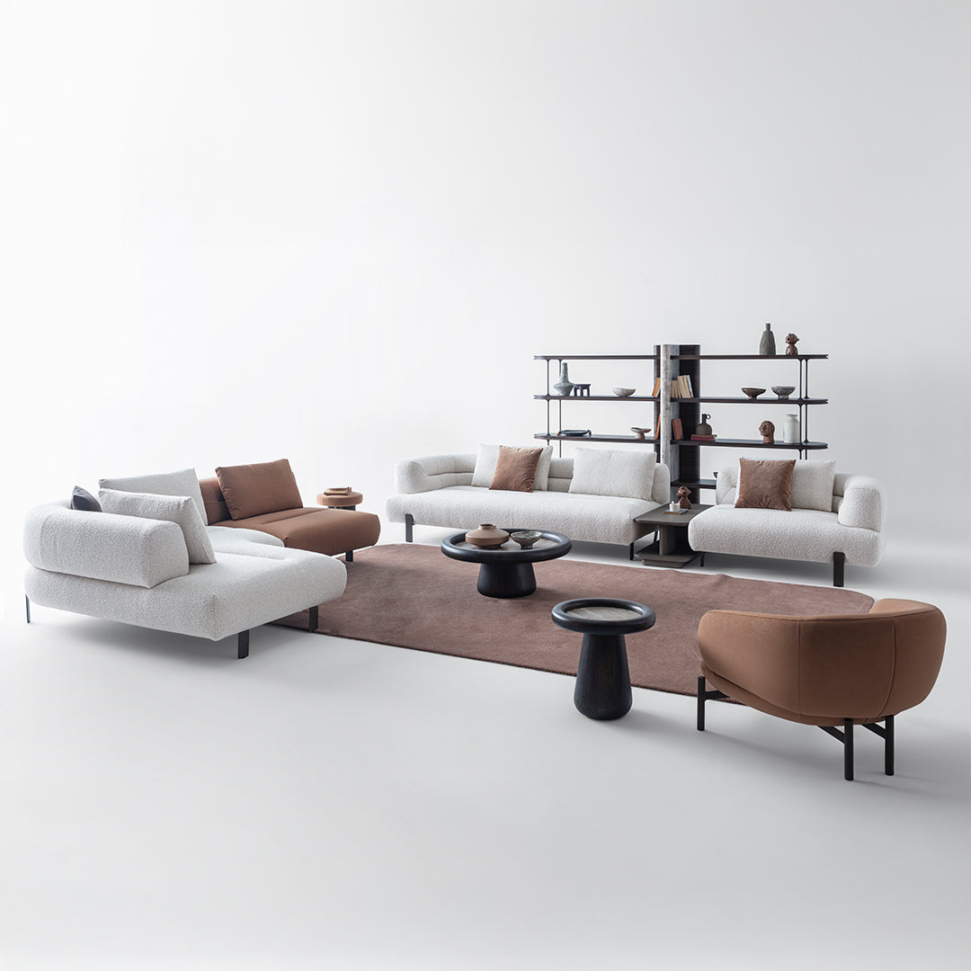 HOMAGE KOLTUK Freda armchair with plush fabric upholstery and wooden legs, modern design for living room or office space.