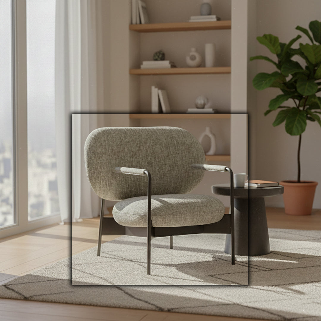 BEACON Haven Armchair PS-A154 with plush fabric upholstery and modern design, shown in a cozy living room setting.