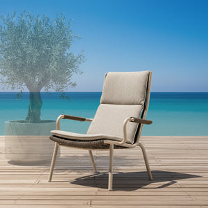 BEACON LOOP highback outdoor lounge armchair with wooden legs and cushioned seat, ideal for patio or garden relaxation.