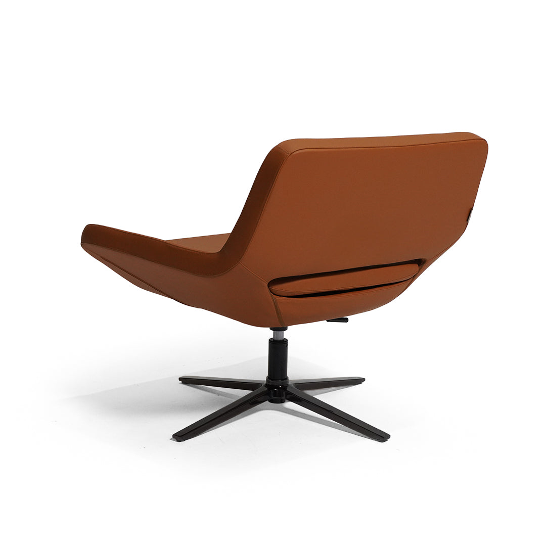 Caramel-colored BEACON lounge chair with plush cushioned seat and wooden legs, stylish and comfortable for living room decor