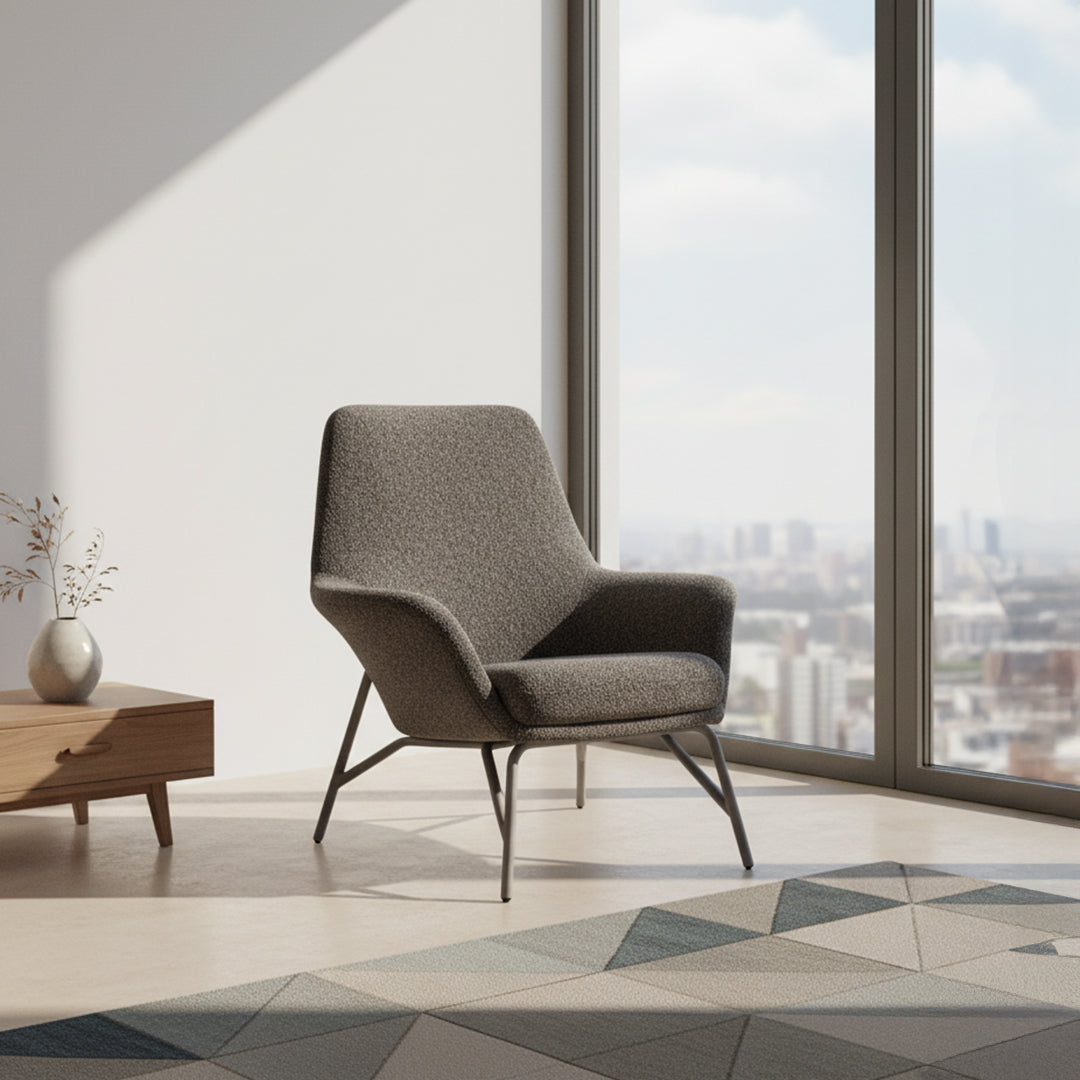 Grey BEACON Lounge Chair H-5180 with modern design, featuring soft upholstery and sleek legs for comfortable seating.