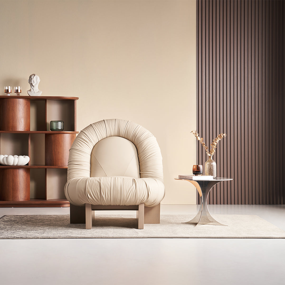 Beige BEACON Lounge Chair LC092 with cushioned seat and wooden legs, modern design for living room relaxation.