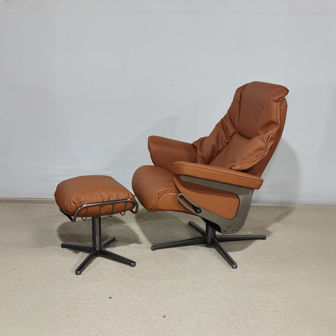 BEACON Meridian lounge chair with matching ottoman in caramel leather, modern design for stylish relaxation.