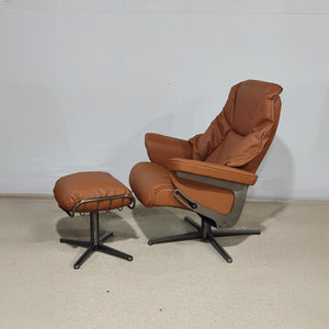 BEACON Meridian lounge chair with matching ottoman in caramel leather, modern design for stylish relaxation.