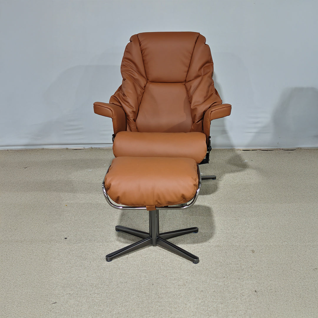 Beacon Meridian lounge chair with ottoman in caramel leather, showcasing a stylish and comfortable seating set.