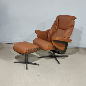 BEACON Meridian lounge chair with matching ottoman in caramel leather, modern design, plush cushioning, and stylish metal legs.
