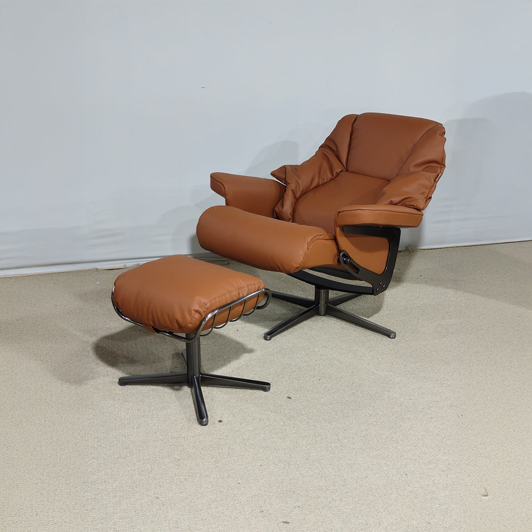 Beacon Meridian lounge chair with matching caramel leather ottoman, modern design, and plush cushioning for comfortable seating.