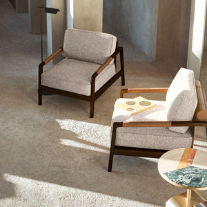 Beige Serenity Lounge Chair MLL-A111 by BEACON, modern lounge chair with plush fabric and sleek wooden legs, comfortable seating.