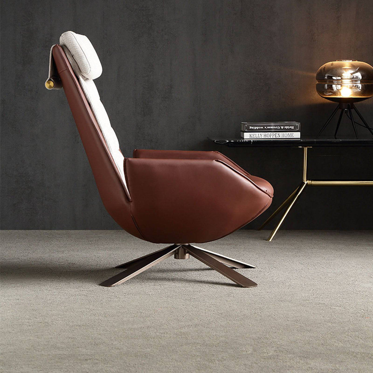 BEACON Severo Lounge Chair LC045 in brown with a modern design, featuring plush upholstery and sleek wooden legs.