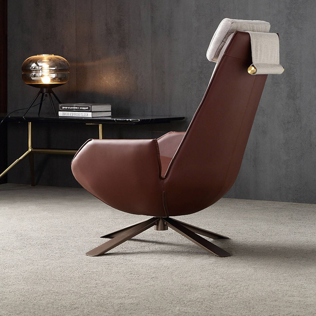 Severo Lounge Chair LC045 in brown fabric by BEACON, modern lounge chair with cushioned seat and sleek design.