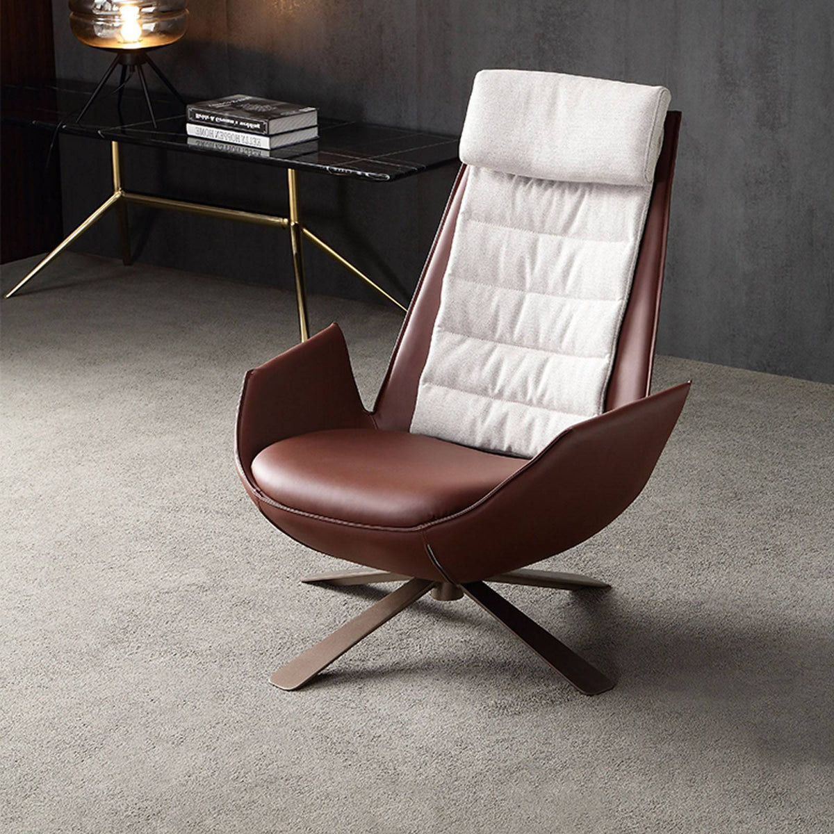 Severo Lounge Chair LC045 by BEACON in brown leather with a modern, plush design and curved armrests.