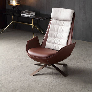 Severo Lounge Chair LC045 by BEACON in brown leather with a modern, plush design and curved armrests.