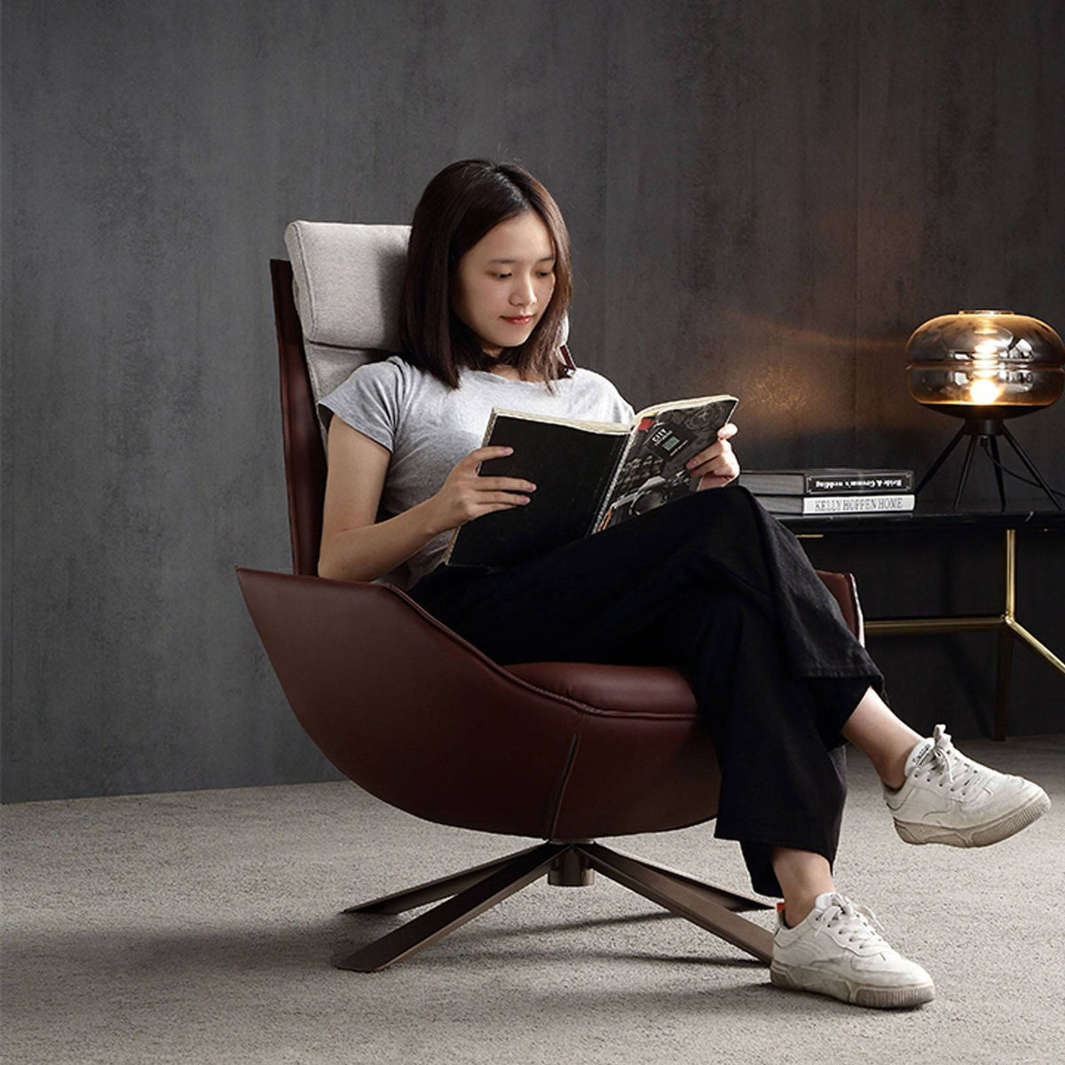 Brown Severo Lounge Chair LC045 by BEACON, featuring a modern design with plush upholstery and sleek wooden legs.