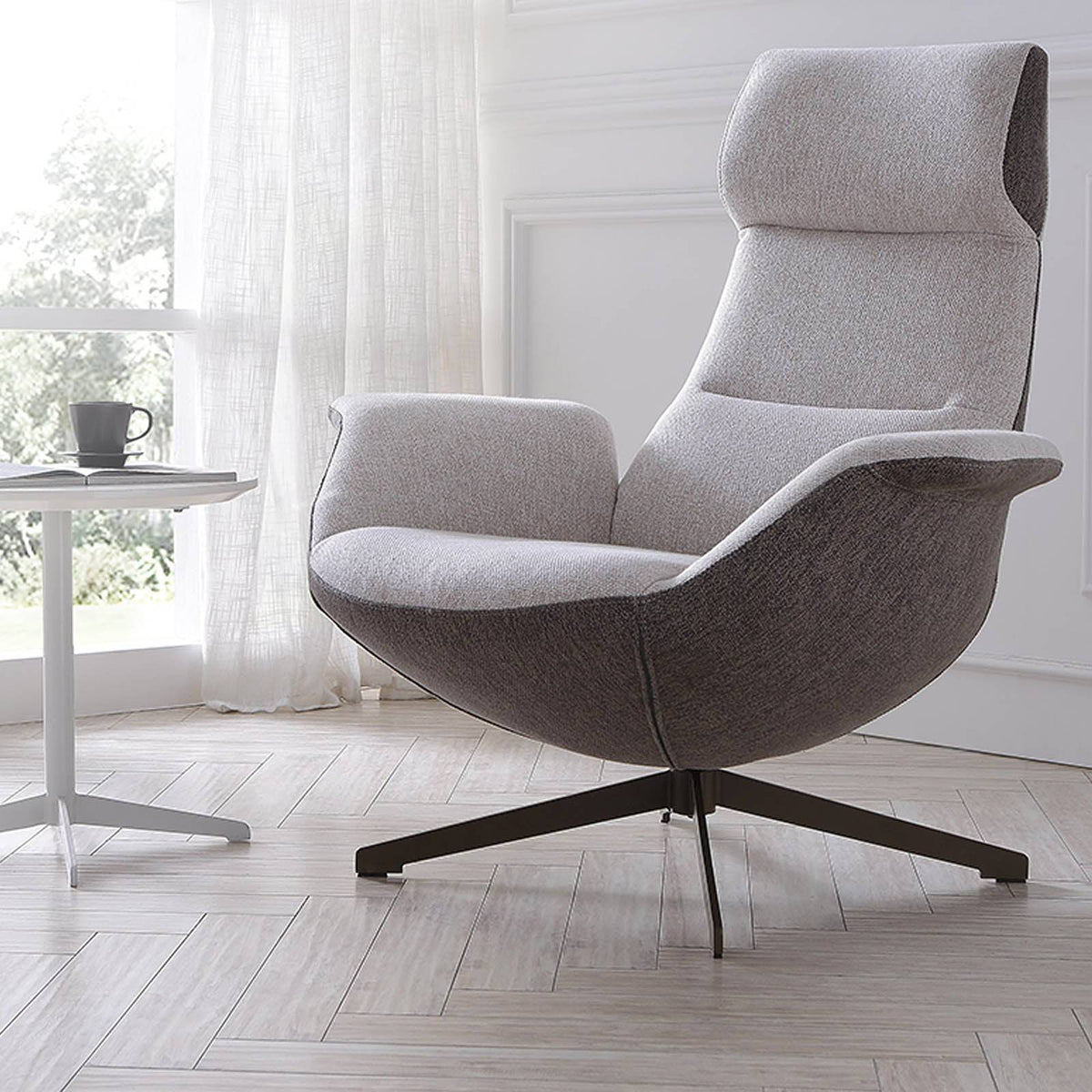 Venezia Swivel Lounge Chair by BEACON, modern armchair with cushioned seat and backrest in neutral fabric, on a swivel base